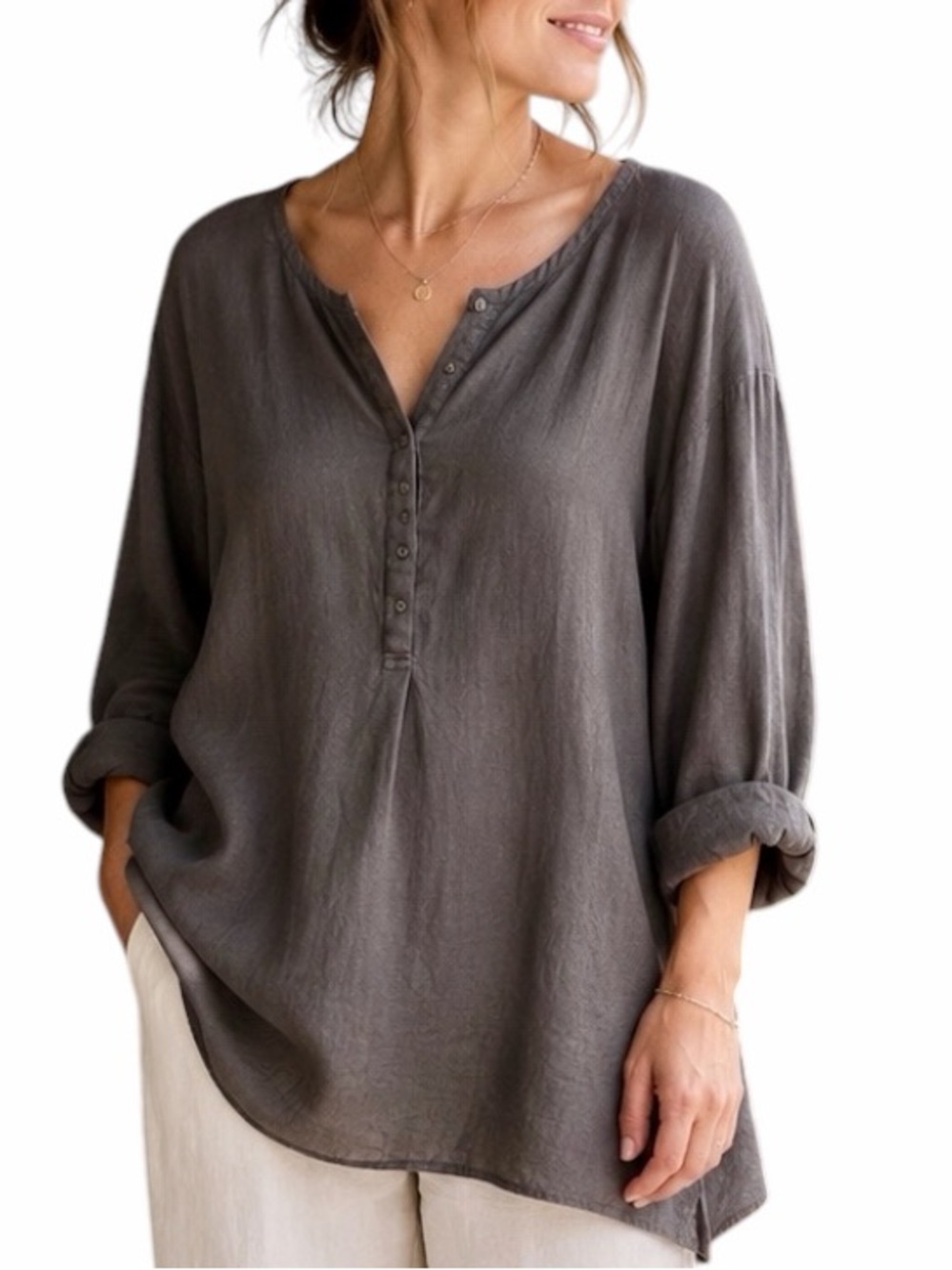 Vintage‎ Talbots 100% Irish Linen Charcoal Gray Henley Tunic Top L